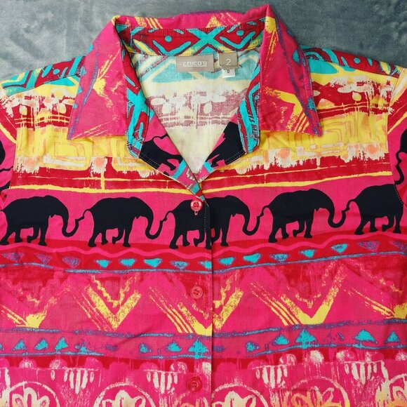 Chico's Colorful Elephant Pattern Button Down Shirt - Picture 2 of 9
